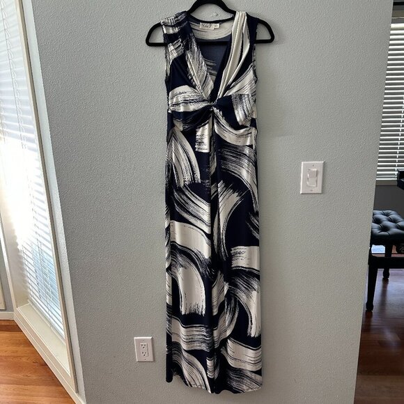 Eliza J Knot Front Maxi Dress Jersey Stretch Navy White Women's 2 Sleeveless - Picture 1 of 6